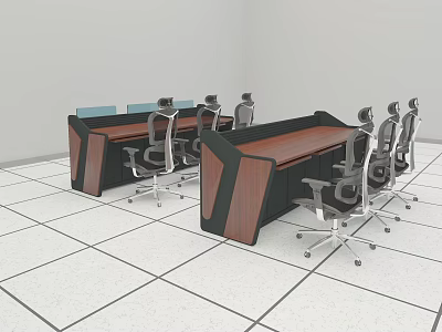Modern Functional Office Desks With Wooden Dark Finish And Wheeled Chairs 3d model