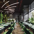Stylish Restaurant Interior With Green Chairs Lush Plants And Modern Lighting