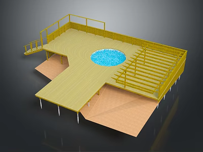 Cartoon Scene of Wooden Platform with Round Pool and Yellow Railings 3d model