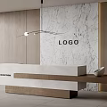 Modern Reception Desk With Marble Wall Wooden Panels Logo And Pendant Light