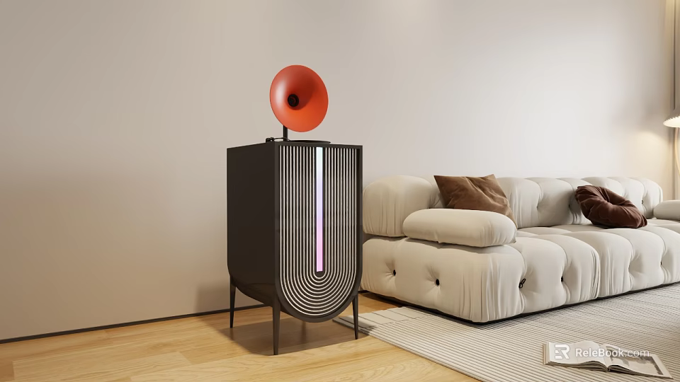 Modern Black Cabinet with Red Horn Speaker Beige Sofa and Wooden Floor in Living Room 3d model 