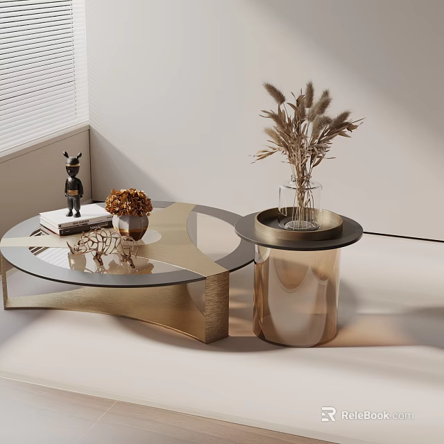 Modern Living Room Sofa Coffee Table Set with Glass Top Gold Frame and Dried Plants 3d model 