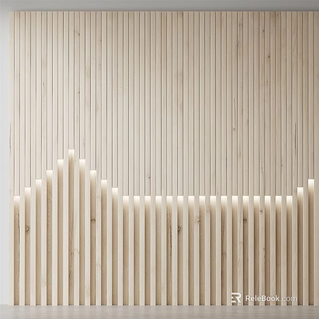 Minimalist Natural Bed Background Wall With Light Wooden Slats And Stepped Bottom Design 3d model 
