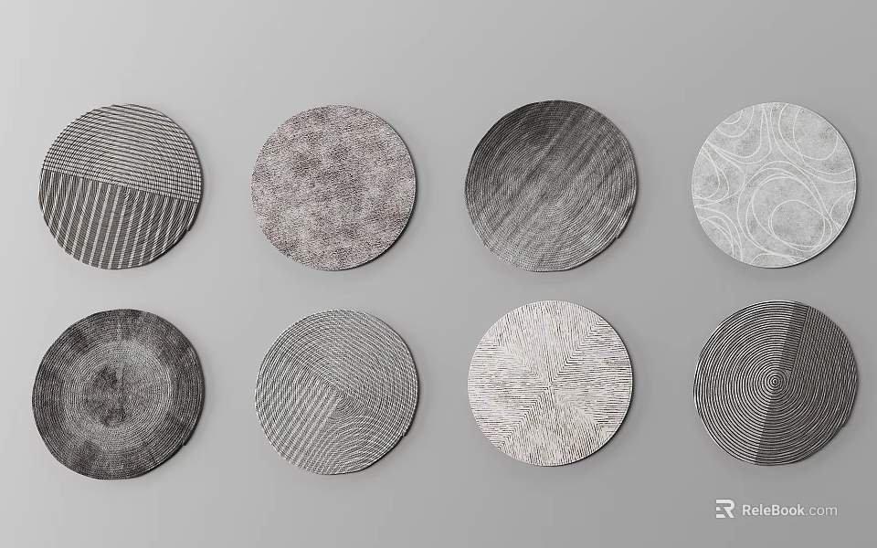 Different Textured Circular Rugs Arranged on Gray Background 3d model 