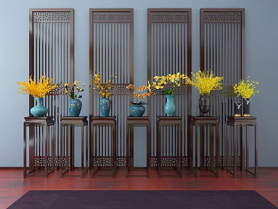 Modern Interior Adorned With Blue Vases Holding Yellow Flowers On Wooden Stands And Carved Screens 3d model