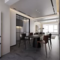 Modern Living and Dining Area With Black Sofa Beige Rug And Abstract Artwork