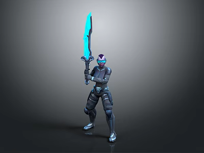 Armored Sci Fi Warrior Character Holding Glowing Blue Sword In Dark Armor 3d model