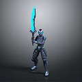Armored Sci Fi Warrior Character Holding Glowing Blue Sword In Dark Armor
