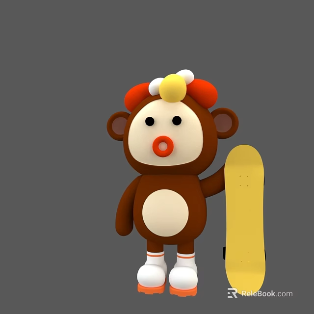 Cartoon Monkey Character With Red And Yellow Hat White Belly Holding Yellow Skateboard 3d model 
