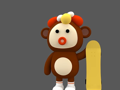 Cartoon Monkey Character With Red And Yellow Hat White Belly Holding Yellow Skateboard 3d model