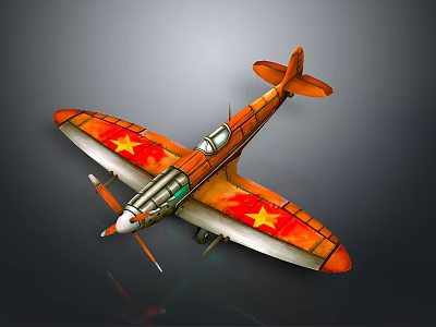 Orange Propeller Passenger Airplane Featuring Red Stars on Wings and Vintage Design 3d model