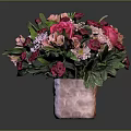 Flower Bouquet With Red Pink Flowers Green Leaves In Pink Square Vase On Dark Background