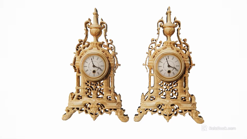 Pair of Vintage Carved Gold Clocks with Ornate Decorative Stands and Classic Design 3d model 