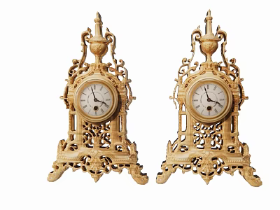 Pair of Vintage Carved Gold Clocks with Ornate Decorative Stands and Classic Design 3d model