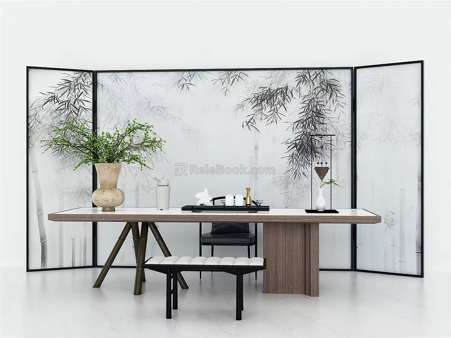 New Chinese Tea Table and Chair Partition Ink Painting Screen Tea Table Tea Desk Writing Desk Calligraphy Desk 3d model