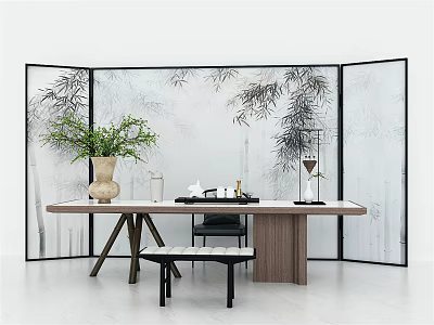 New Chinese Tea Table and Chair Partition Ink Painting Screen Tea Table Tea Desk Writing Desk Calligraphy Desk 3d model