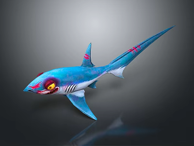 Blue Shark Stuffed Toy Featuring Red Eyes and Pink Markings with Unique Design 3d model