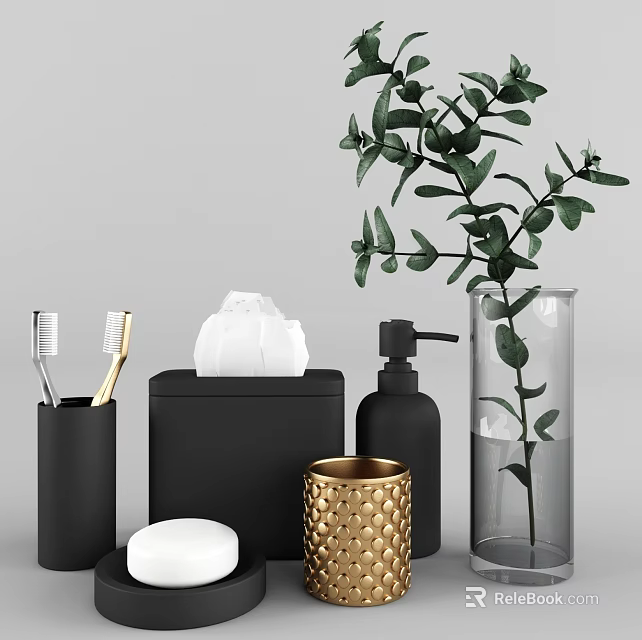 Modern Bathroom Black Gold Decorative Accessory Set With Toothbrushes Tissue Box Soap And Green Plant 3d model 