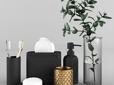 Modern Bathroom Black Gold Decorative Accessory Set With Toothbrushes Tissue Box Soap And Green Plant 3d model