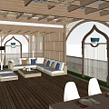 Serene Rooftop Garden Design With Wooden Structure Sofa Dining Table And Hanging Lights