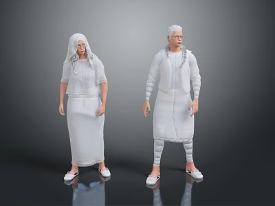 Male And Female White Haired Characters In White Dress And Jumpsuit Standing On Gray Background 3d model