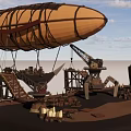 Vintage Cargo Ship with Zeppelin Lighthouse and Crane in Desert Landscape
