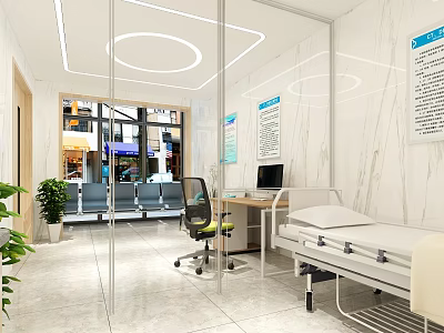 Modern Medical Clinic Waiting Area With Marble Walls Examination Bed And Green Plants 3d model