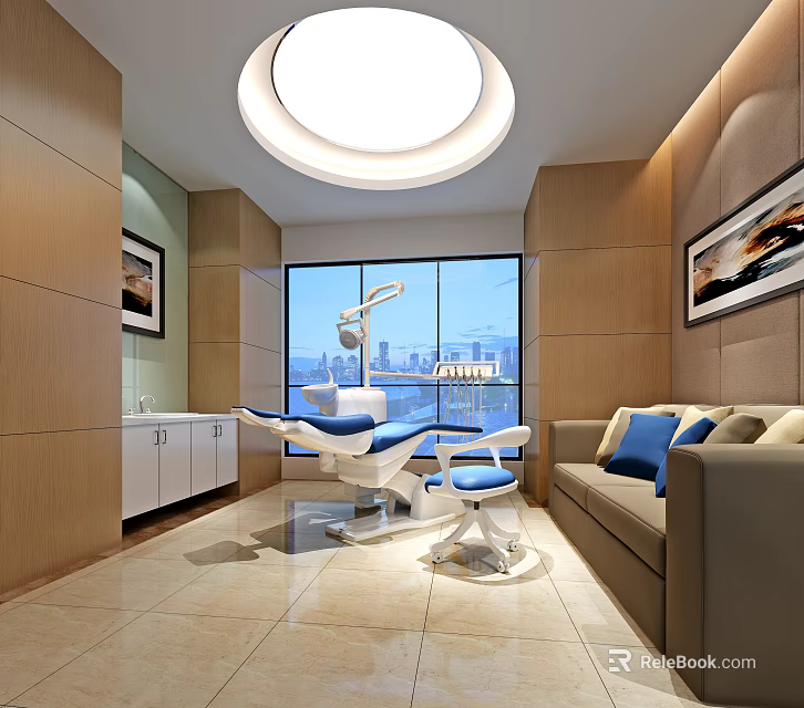 Modern Dental Clinic Interior With Dental Chair Sofa Large Windows And Pendant Light 3d model 