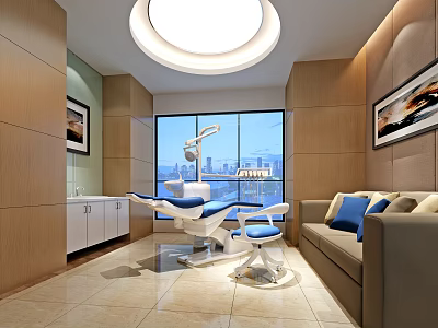 Modern Dental Clinic Interior With Dental Chair Sofa Large Windows And Pendant Light 3d model