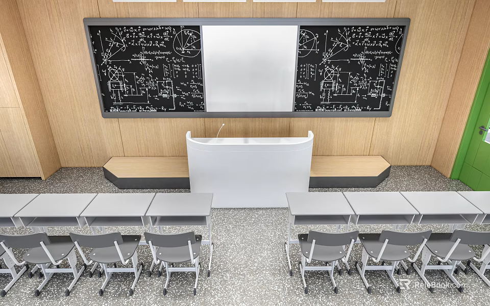 Classroom Functional Desks Blackboard With Formulas Student Chairs Wooden Walls And Gray Floor 3d model 