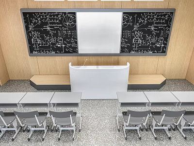Classroom Functional Desks Blackboard With Formulas Student Chairs Wooden Walls And Gray Floor 3d model