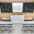 Classroom Functional Desks Blackboard With Formulas Student Chairs Wooden Walls And Gray Floor
