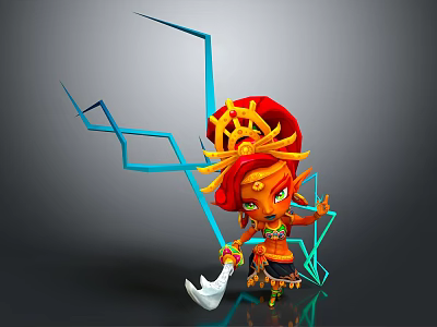 3D Character Design With Red Hair Golden Headdress Axe And Blue Geometric Lightning Elements 3d model