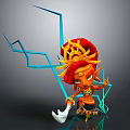 3D Character Design With Red Hair Golden Headdress Axe And Blue Geometric Lightning Elements