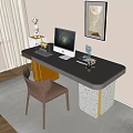 Elegant Modern Desk With Black Glass Top Stone Base Desktop Computer Lamp And Brown Chair
