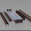 Long Wooden Conference Table with Laptops Surrounded by Multiple Chairs in Meeting Room