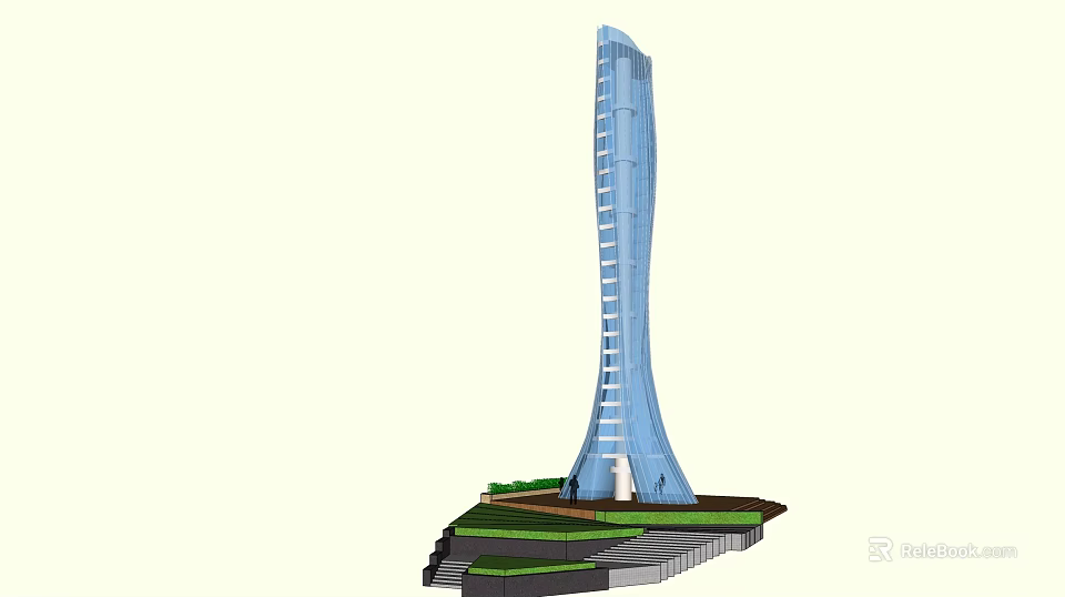 Modern Blue Glass Tower Featuring Sleek Structure And Green Base Design 3d model