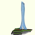 Modern Blue Glass Tower Featuring Sleek Structure And Green Base Design 3d model