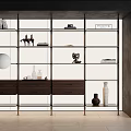 Modern Bookcase With Metal Frame Glass Shelves Wooden Drawers And Decorative Items
