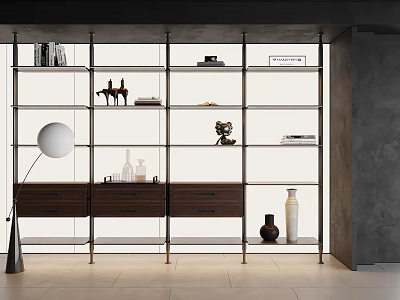 Modern Bookcase With Metal Frame Glass Shelves Wooden Drawers And Decorative Items 3d model