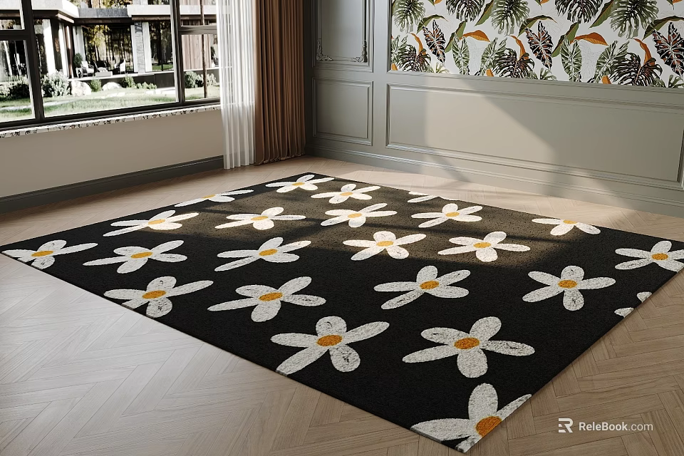 Black Square Carpet With White Daisy Patterns In Living Room 3d model