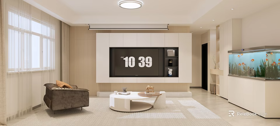Warm Modern Minimalist Living Room With Built In TV Cabinet And Round Coffee Table 3d model 