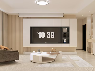 Warm Modern Minimalist Living Room With Built In TV Cabinet And Round Coffee Table 3d model