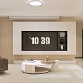 Warm Modern Minimalist Living Room With Built In TV Cabinet And Round Coffee Table