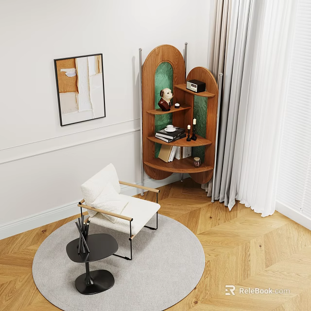 Curved Wooden Corner Shelving Unit for Living Room Storage and Decorative 3d model 