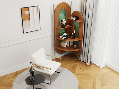 Curved Wooden Corner Shelving Unit for Living Room Storage and Decorative 3d model