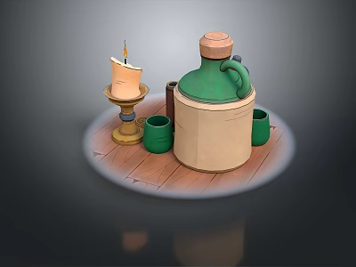 Still Life Tabletop Arrangement With Green Ceramic Jug Wooden Lid Lit Candle And Cups 3d model