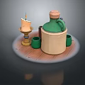 Still Life Tabletop Arrangement With Green Ceramic Jug Wooden Lid Lit Candle And Cups