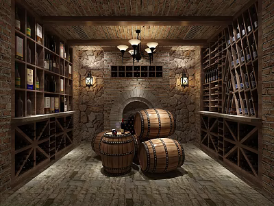 Rustic Wine Cellar With Stone Walls Wine Barrels And Racks 3d model