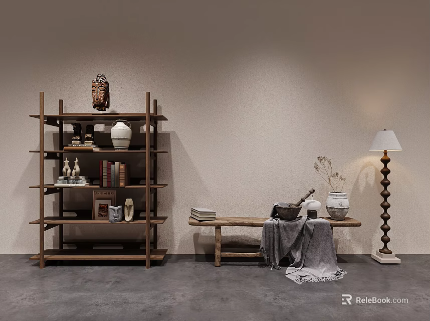 Natural Wooden Decorative Display Shelf With Buddha Statue Vases Books Bench And Floor Lamp 3d model 